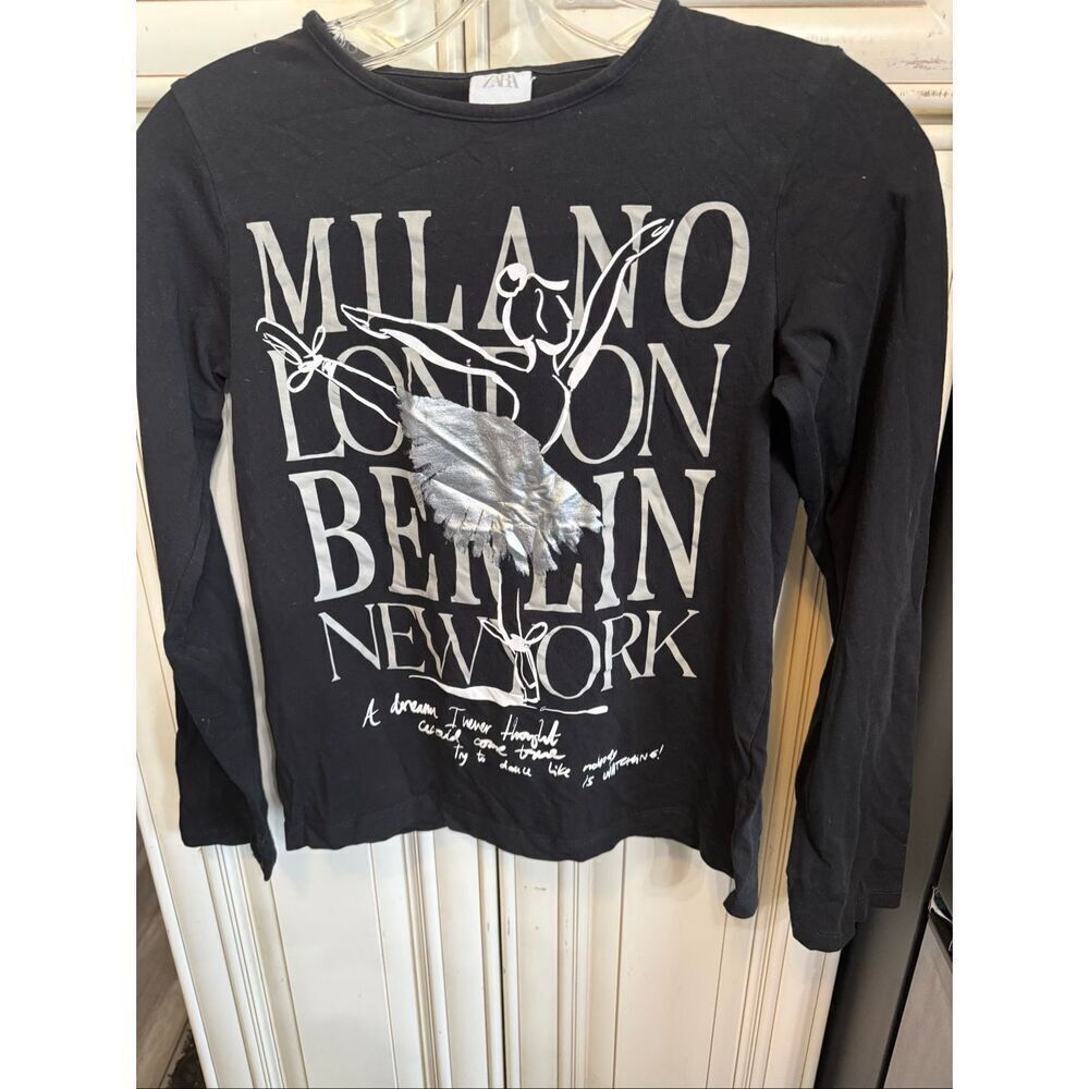 ZARA Girls Milano London Ballet Dancer Long Sleeve T-Shirt Black Silver Sz 11-12